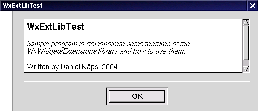 The about dialog is implemented with wxMessageExtDialog in HTML mode (wxGTK with GTK 1.2.7).