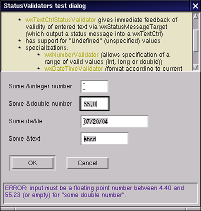 StatusValidators test dialog with a status window at the bottom of the dialog.